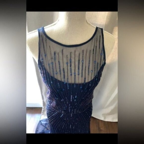 Aidan Mattox High Neck Navy Beadded Floor Length Dress - Dress for Wedding Guest - Picture 8 of 9